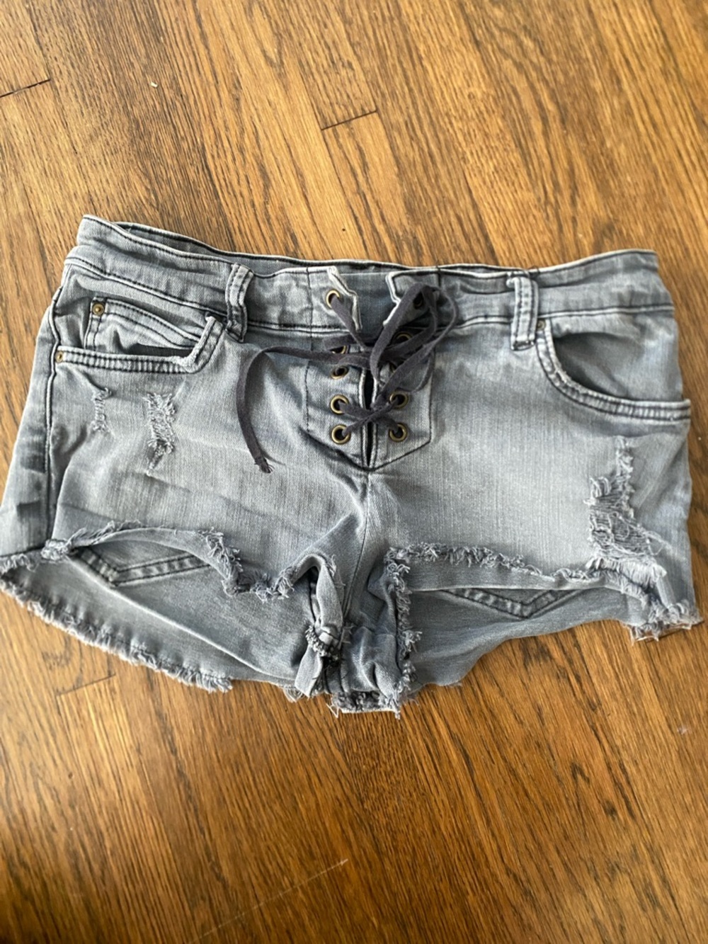 Billabong Lace-Up Distressed Gray Denim Shorts